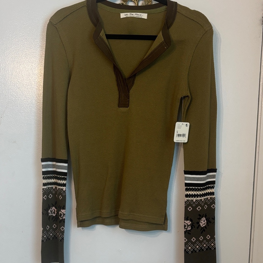 We The Free Olive Long Sleeve Top with Patterned Cuffs